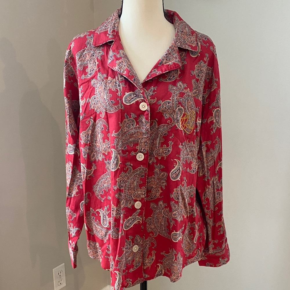 Lauren Ralph Lauren button front paisley pajama top XL monogram Preppycore